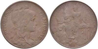 ФРАНЦИЯ 10 САНТИМОВ 1913 ТИП ДАНИЭЛЬ ДЮПЮИ KM 843, LA FRANC 136.23 бронза 109-316