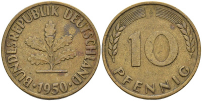 ФРГ 10 пфеннигов 1950 J KM 108 сталь плакированная латунью 4126-531