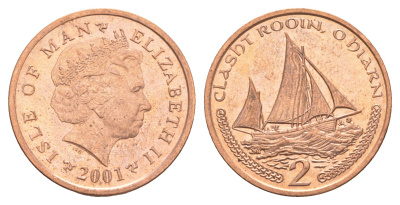 Остров Мэн 2 пенса 2001 Елизавета II (1952-2022) KM 1037 сталь плакированная медью UNC 4652-737