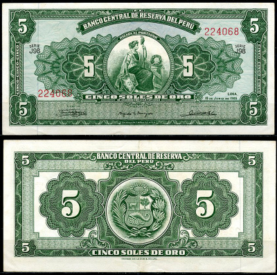 Перу 5 солей 1965 сидящая свобода, Thomas de la Rue Pick 83 a  бумага  444-140-1-2