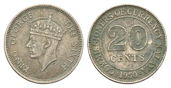 Малайя 20 центов 1950 Елизавета II (1952-2022) KM 9 медно-никель 4662-434