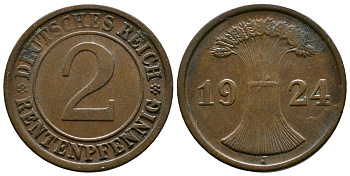 ГЕРМАНИЯ 2 РЕНТЕНПФЕННИГА 1924 J KM 31, J.307 бронза 86-1845