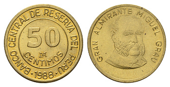 Перу 50 сентимо 1988 Мигель Грау Семинарио KM 295 латунь UNC 3334-534
