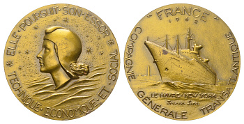 Франция медаль "Compagnie Generale Transatlantique" 1962 диаметр 53 мм, вес 66,9 гр бронза 11-009-21