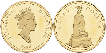 Канада 1 доллар 1994 мемориал воинам КМ 248 никель плакированный бронзой  PROOF  5-6-1-35