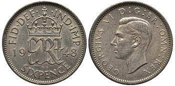 Великобритания 6 пенсов 1948 Георг VI (1936-1952) KM 862, Spink 4105 медно-никель 4538-643