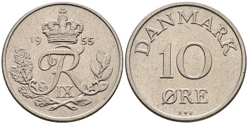 Дания 10 эре 1955 N. S, Фредерик IX (1947-1972) КМ 841.1 медно-никель    4169-169