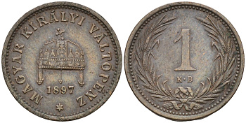 Венгрия 1 филлер 1897 КВ, Франц Иосиф I (1848-1916) KM 480 бронза 4585-156
