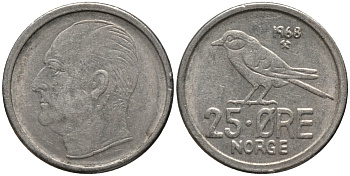 Норвегия 25 эре 1968 Улаф V (1958-1991), синица KM 407 медно-никель 218-1227