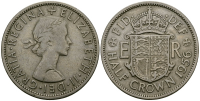 Великобритания 1/2 кроны 1956 Елизавета II (1952-2022) KM 907, Spink 4145 медно-никель 4125-525
