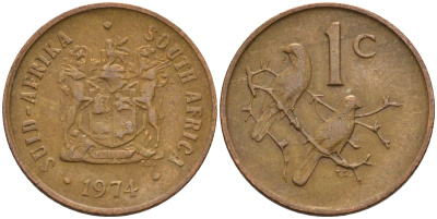 ЮАР 1 цент 1974 герб, капские воробьи KM 82 бронза 4115-169