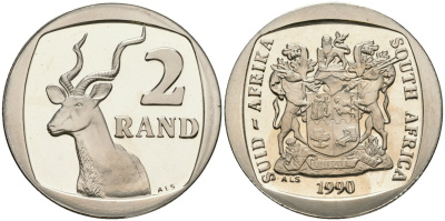 ЮАР 2 ранд 1990 KM 139 медь плакированная никелем PROOF 11-172-41