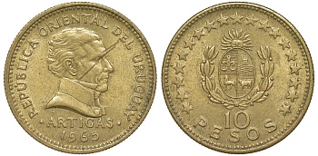 Уругвай 10 песо 1965 KM 48 алюминиевая бронза 88-1135