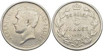БЕЛЬГИЯ 5 ФРАНКОВ 1933 BELGES KM 97.1 никель 114-823