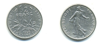 ФРАНЦИЯ 1/2 ФРАНКА 1968 KM 931.1 никель 25-824