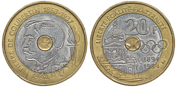 Франция 20 франков 1994 100 лет международному Олимпийскому комитету, Пьер Кубертен KM 1036, Le Franc 405.2 триметалл 91-542