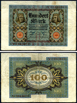 Германия 100 марок 1920 Бамбергский всадник, 7 цифр в номере Pick 69 a, Розенберг 67а  бумага 8617-34-2-2