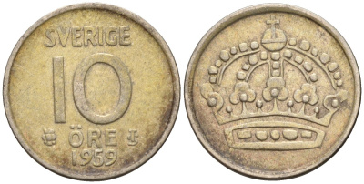 Швеция 10 эре 1959 Густав VI Адольф (1950-1973) KM 823 серебро 4147-921