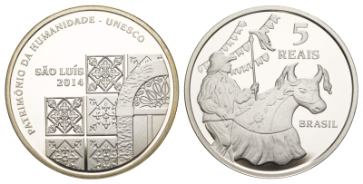 Бразилия 5 реалов 2014 ЮНЕСКО - Сан-Луис, тираж 3.000 экземпляров, в оригинальной коробке, с сертификатом KM 700 серебро  PROOF  3-6-1-06