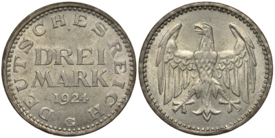 Германия 3 марки 1924 G, Веймарская Республика, цена по каталогу MT 400 евро J. 312, KM 43 серебро  UNC  00-803-53
