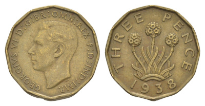 Великобритания 3 пенса 1938 Георг VI (1936-1952) KM 849, Spink 4112 никель латунь 4156-355