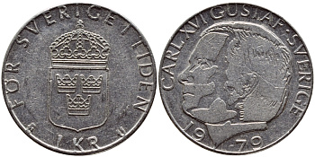 Швеция 1 крона 1979 Карл XVI Густав (1973- ) KM 852 медь плакированная медно-никелем 56-1255