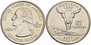 США 25 центов (квотер) 2007 D, серия штаты США, Монтана KM 396 медь плакированная медно-никелем UNC M25-14