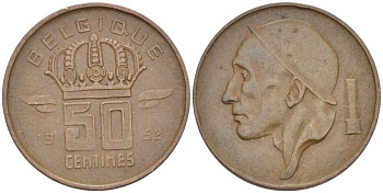 БЕЛЬГИЯ 50 САНТИМОВ 1952 BELGIQUE KM 144 бронза 4387-1258