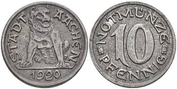 Германия, Ахен 10 пфеннигов 1920 нотгельд, земля Северный Рейн-Вестфалия Funck 1.1 железо 175-151