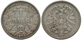 Германия 1 марка 1874 G Weege 17, J. 9, KM 7 серебро 413-1324