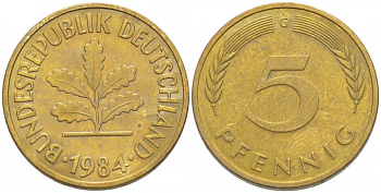 ФРГ 5 ПФЕННИГОВ 1984 G KM 107, J. 382 сталь плакированная латунью 3996-1159
