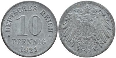 ГЕРМАНИЯ 10 ПФЕННИГОВ 1921 KM 26, J. 299 цинк 4395-1252