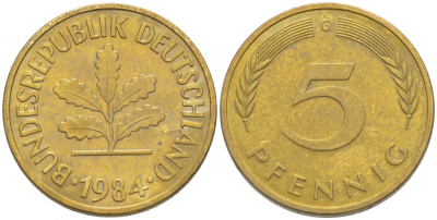 ФРГ 5 ПФЕННИГОВ 1984 G KM 107, J. 382 сталь плакированная латунью 3996-1159