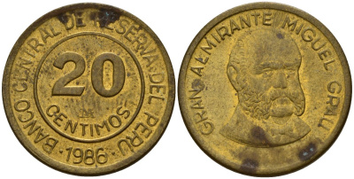 Перу 20 сентимо 1986 Мигель Грау Семинарио KM 294 латунь 4158-732