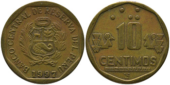 Перу 10 сентимо 1997 LIMA KM 305.2, Schon 104 латунь 4543-712