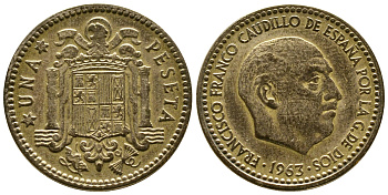 Испания 1 песета 1963 (64) Франсиско Франко (1939-1975) KM 775 алюминиевая бронза 93-357