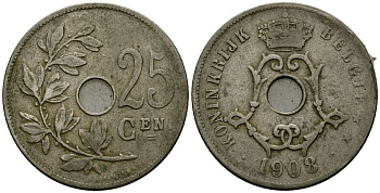 Бельгия 25 сантимов 1908 Belgie KM 63 медно-никель 4165-642
