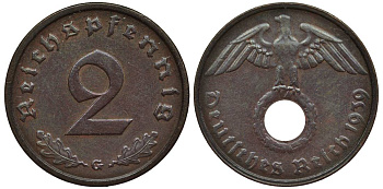ГЕРМАНИЯ 2 РЕЙХСПФЕННИГА 1939 G KM 90, Jager 362 бронза 4546-923