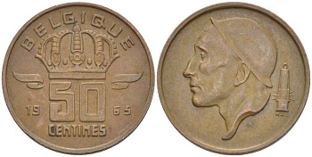 БЕЛЬГИЯ 50 САНТИМОВ 1965 BELGIQUE KM 148.1 бронза 96-1212