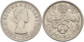 Великобритания 6 пенсов 1967 Елизавета II (1952-2022) KM 903, Spink 4149 медно-никель 4561-1056