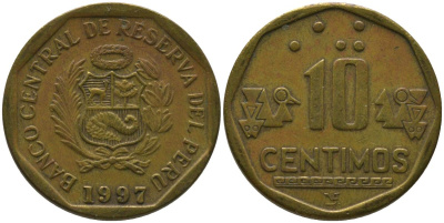 Перу 10 сентимо 1997 LIMA KM 305.2, Schon 104 латунь 4543-712