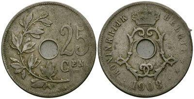 Бельгия 25 сантимов 1908 Belgie KM 63 медно-никель 4165-642