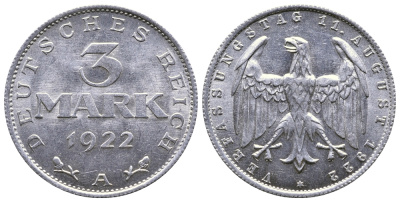 Германия 3 марки 1922 А, третья годовщина Веймарской Конституции KM 29, J. 303 алюминий 4380-746