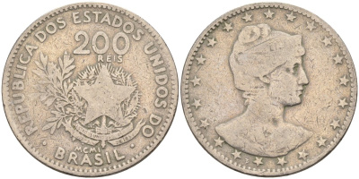 Бразилия 200 рейс 1901 голова свободы вправо KM 504 медно-никель 4589-1115