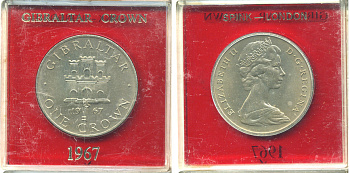 Гибралтар 1 крона 1967 Елизавета II (1952-2022), старый замок, в оригинальной пластиковой коробке, первый год чекана KM 4 медно-никель UNC 6-6-1-14