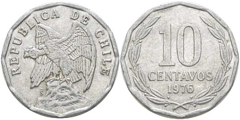 Чили 10 сентаво 1976 KM 205a алюминий 4402-346