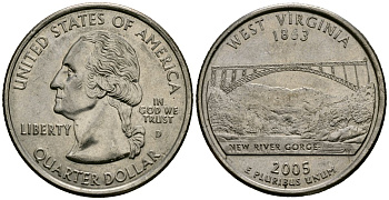 США 25 центов = квотер 2005 D, серия штаты США, Западная Вирджиния KM 374 медь плакированный медно-никелем 4138-1017