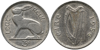 Ирландия 3 пенса 1956 заяц KM 12а медно-никель 4387-1037