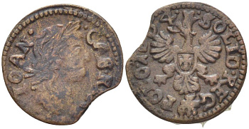 Польша 1 солид (шелаг, шиллинг) 1664 Ян II Казимир Ваза (1649-1668), боратынка, вес 1,26 гр. KM 110 медь 66-229