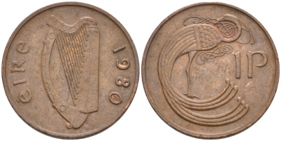 Ирландия 1 пенни 1980 птичка KM 20 бронза 92-152